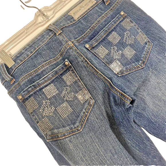 Rocawear Bootcut Jeans Womens 3 Blue Patchwork Denim Rhinestones Classic Retro - Picture 5 of 9